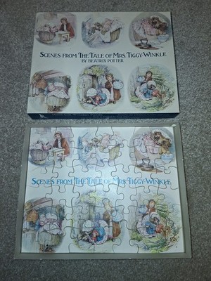 Szenen aus der Geschichte von Mrs Tiggy-Winkle handgeschnittenes Holzpuzzle Vintage