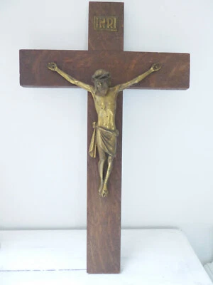 antikes Holzkreuz Jesus Figur Messing Kreuz Kruzifix Holz Wandschmuck religiös - Bild 1 von 4