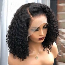 Glueless Short Malayasian Virgin Human Hair Lace Front Wig Curly Bob Full Wigs P