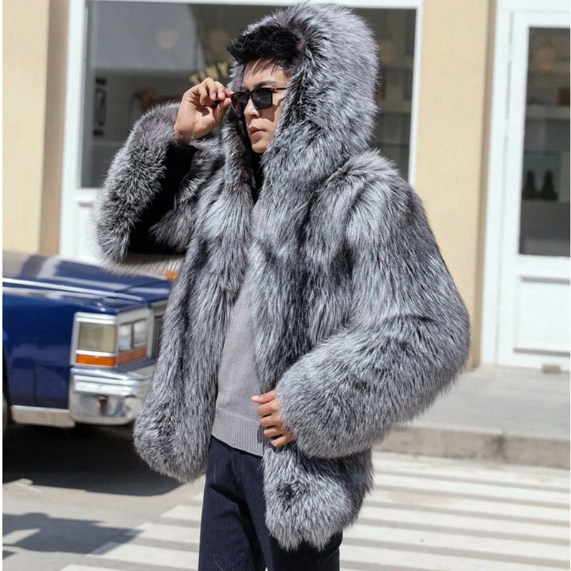 Men's Hooded Faux Mink Fur Coat Faux Silver Fox Warm Coat Casual Jacket