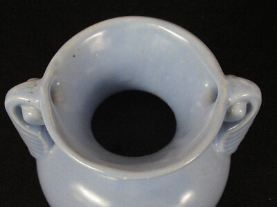 STANGL ART DECO POTTERY SKY BLUE TWO-HANDLED VASE LEAF SCROLL
