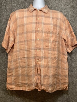 MURANO Mens Large 100% Irish Linen Button Up Shirt Short Sleeve Peach Check