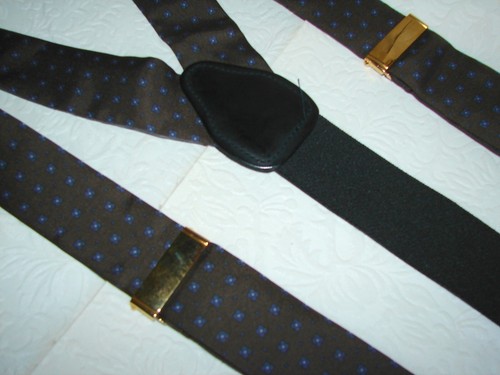 Men's Adjustable Suspenders/Braces, Brown w/Blue, Made in England, Silk/Leather - Picture 2 of 7
