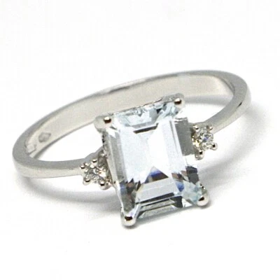 Anneau En Or Blanc 750 18K, Aigue-Marine Taille Émeraude, Diamants - Photo 1/4