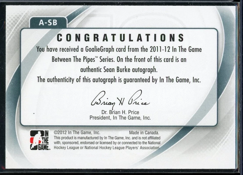 2011-12 ITG Between The Pipes Autographs #ASB Sean Burke - Image 2 of 2