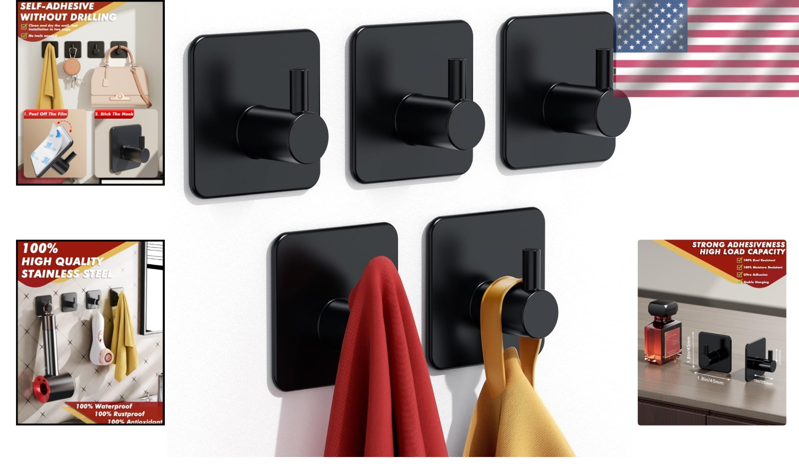 Heavy Duty 5 Pack Adhesive Hooks - 30lbs Max Capacity, Rustproof Stainless Steel