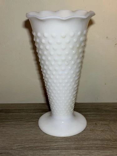 Vintage Milk Glass Hobnail Vase Scalloped Rim Pedestal 9.5” White