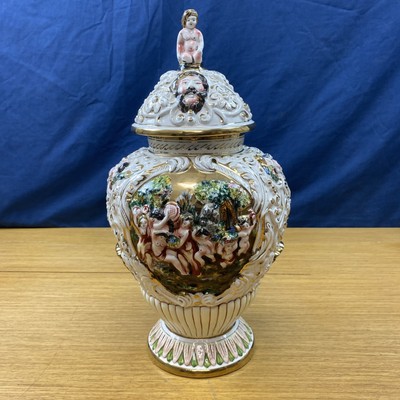 Vintage Numbered Capodimonte 16 1/2  Jar/Urn Erotic Orgia Cherubs w/Lid