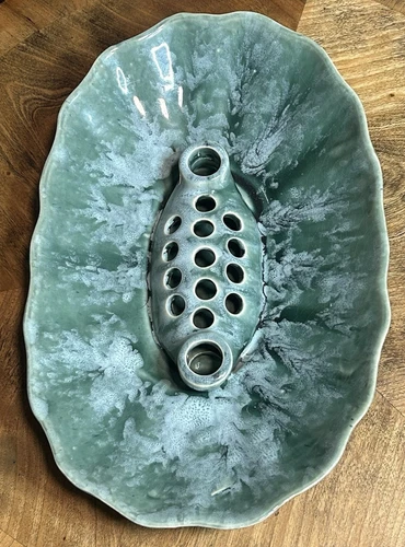 IKEBANA Flower Frog Centerpiece 13" MCM Sea Foam Green Drip Pottery USA Vase VTG