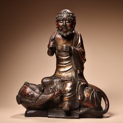 Old Bronze Gilded Cinnabar High Relief Bodhidharma Sitting Buddha Elephant 