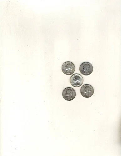 5 Washington Quarters, 1943, 1948, 1952-D, 1957-D, 1964 -D , Good,  90% Silver