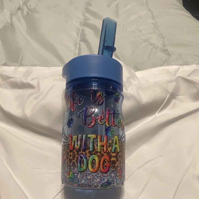 Blue Plastic Kids/Teens Water Bottle 4 oz Drink-Through Lid w/ Straw Dog Theme