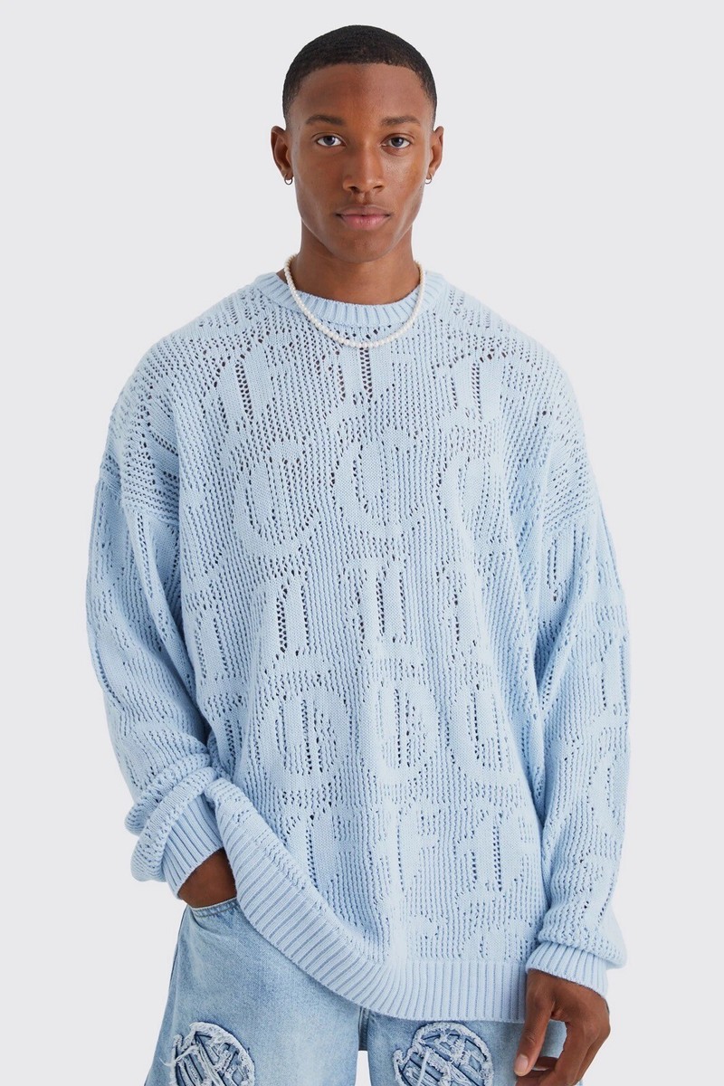 Oversized OVERSIZED OFCL JAQUARD OPEN KNIT SWEATER boohooman