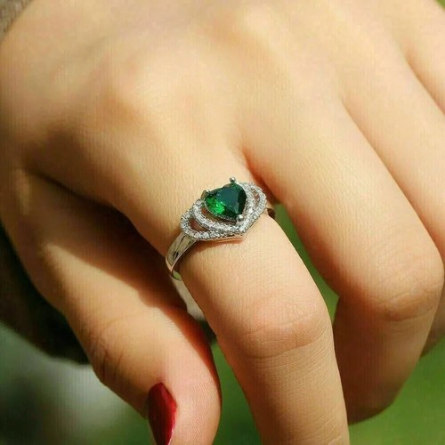14K White Gold Plated 2.50 CT Heart Cut Lab-Created Emerald Halo Engagement Ring - Picture 5 of 7