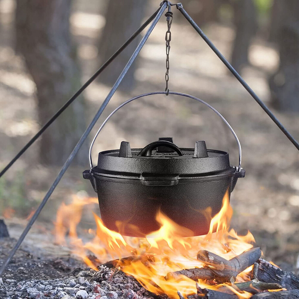 Round Outdoor Camping Cooking Pot Pre-Seasoned Cast Iron Dutch Oven  Stockpot Lid
