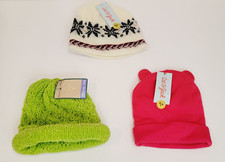 2 Cat & Jack Girls Beanie Hats & 1 Cuffed Green NW Territory Hat - Lot of 3