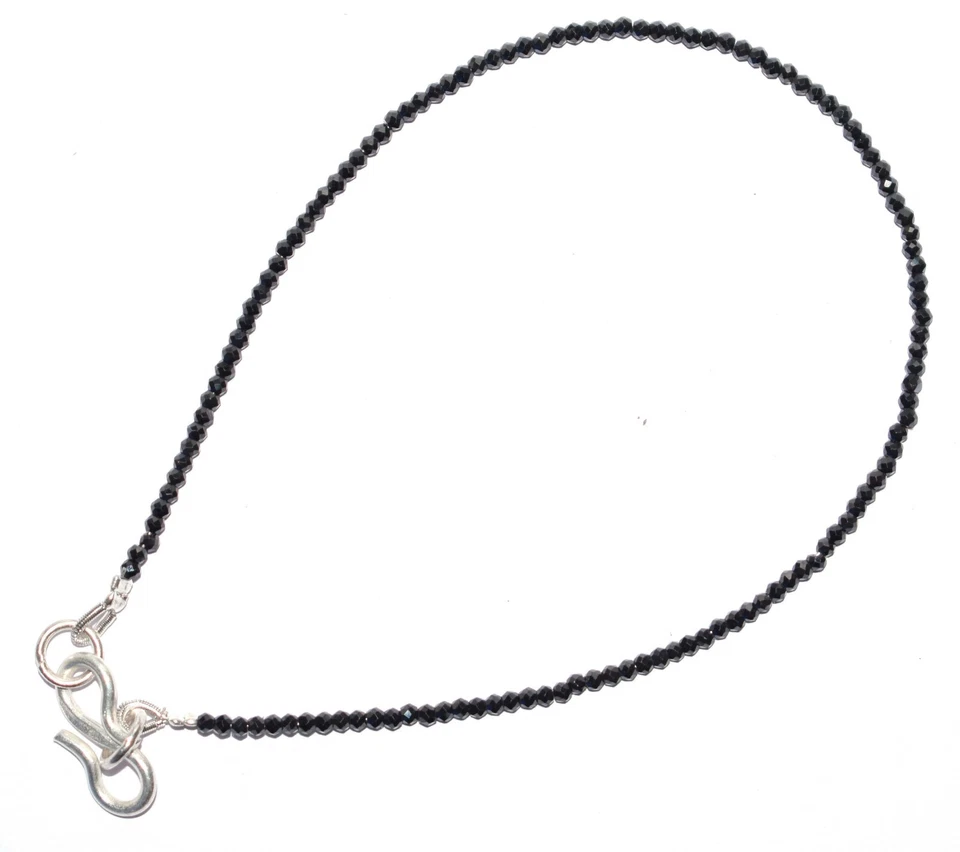 Black Zircon Gemstone 2 mm Round Beads 925 Fine Silver 10" Strand Bracelet G-22 - Image 4 of 4