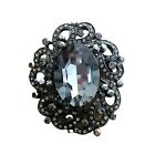 Vintage Rhinestone Brooch Gunmetal Black Oval Stone Ornate Statement Pin Goth