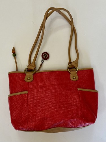 Giani Bernini Handbag Tote Womens Red Tan Woven Braided Accent w Logo Charm Bead