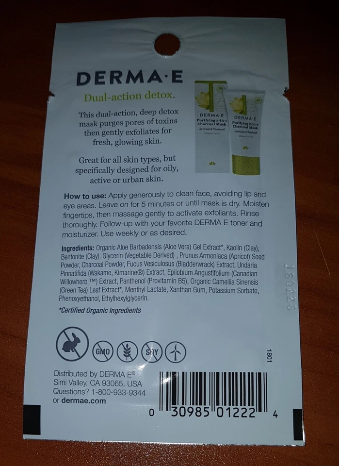 DERMA E Purifying 2-in-1 Charcoal Mask Sachet 10 Grams x 1 Pore Cleansing New - Image 2 of 3