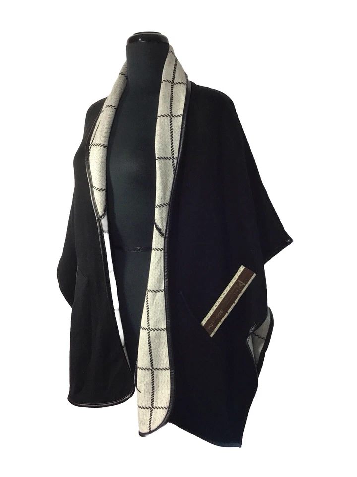 Chicos Ruana Shawl Open  Cape Coat S/M Faux Leather Trim Black Knit Grey Plaid