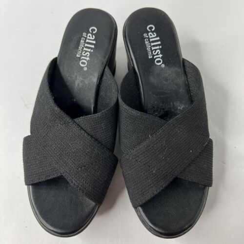 CALLISTO OF CALIFORNIA Black Stretch Cross Cross Fabric Wedge Sandals Size 7 - Picture 3 of 8