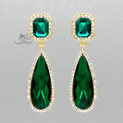 Women Gold Plated Green Crystal Rhinestone Wedding Teardrop Dangle Earrings 889