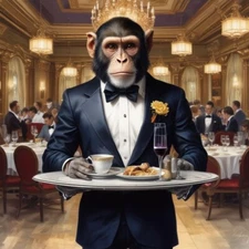 ai art digital download monkey dressed in suit as a waiter restaurant