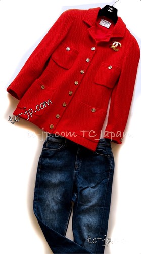 CHANEL 91A Vintage Coral Red Wool CC Logo Gold Button Jacket Coat 42 US10 - Picture 2 of 24