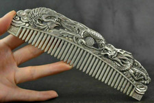 Old Chinese Decoration Collectibles Handwork Tibet Silver Carving Dragon Comb