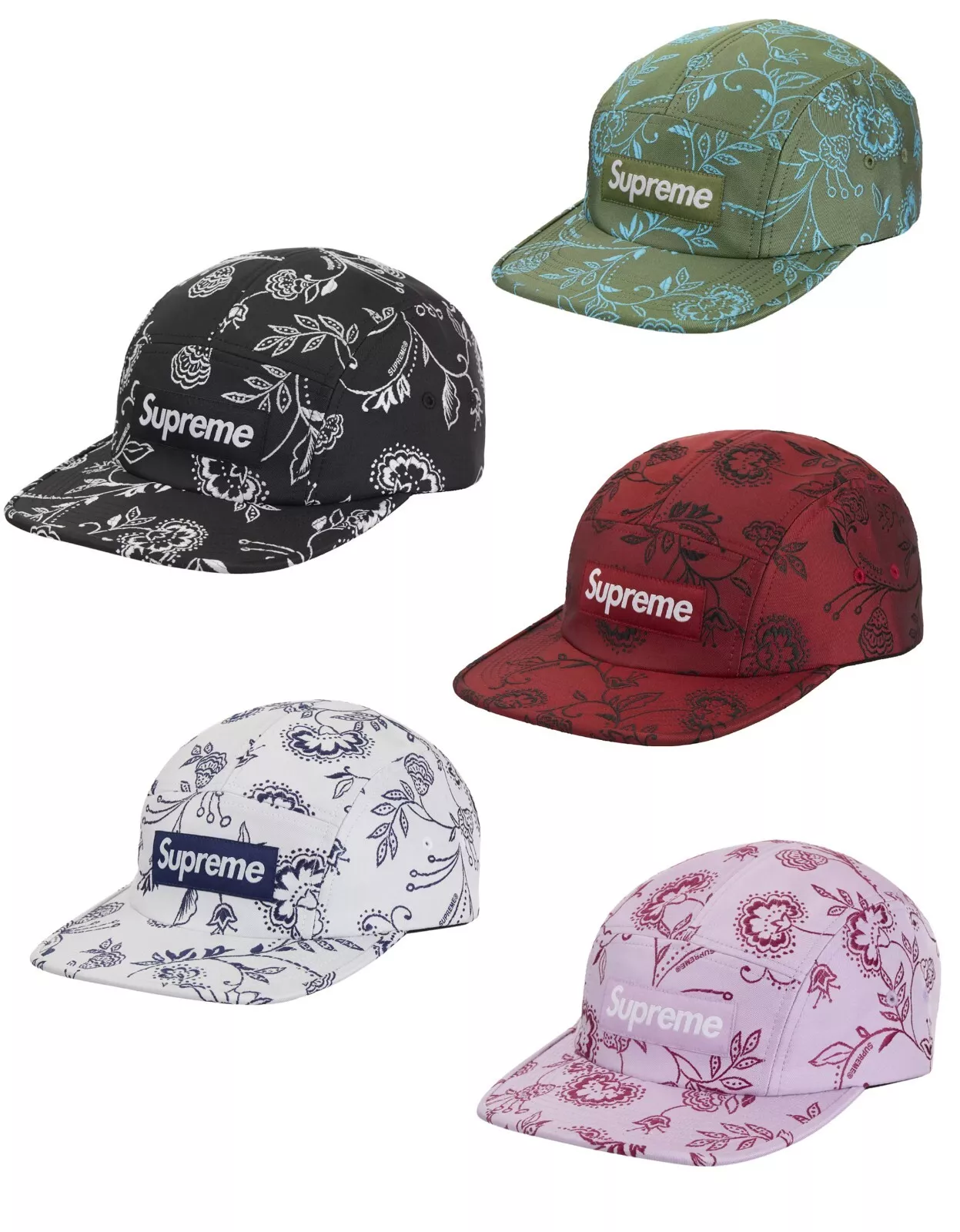 Casquette de camp jacquard floral suprême vert noir rouge blanc violet taille réglable