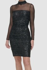 Eliza J Women's Black Illusion-Sleeve Sequin Bodycon Dress Size 2