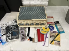 Vintage Mid Century Woven Sewing Basket Box Filled with Notions No Hook Closure