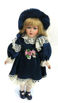 Collector's Choice 16'' Porcelain Doll Blue Dress, Hat, Shoes with Doll Stand