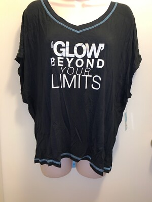 bliss Womens Inhale Mesh V-Neck Sleep Tee BLACK/WHITE/AQUA XL NWT Comfort Lounge