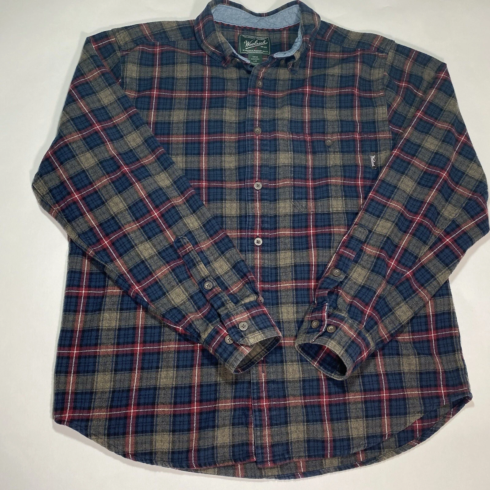 Woolrich Shirt Mens Large Green Plaid Button Up Flannel Outdoor Casual Cotton