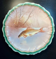 Antique Limoges France Gold Trim Fish Plate 9.25” signed J. Marsay