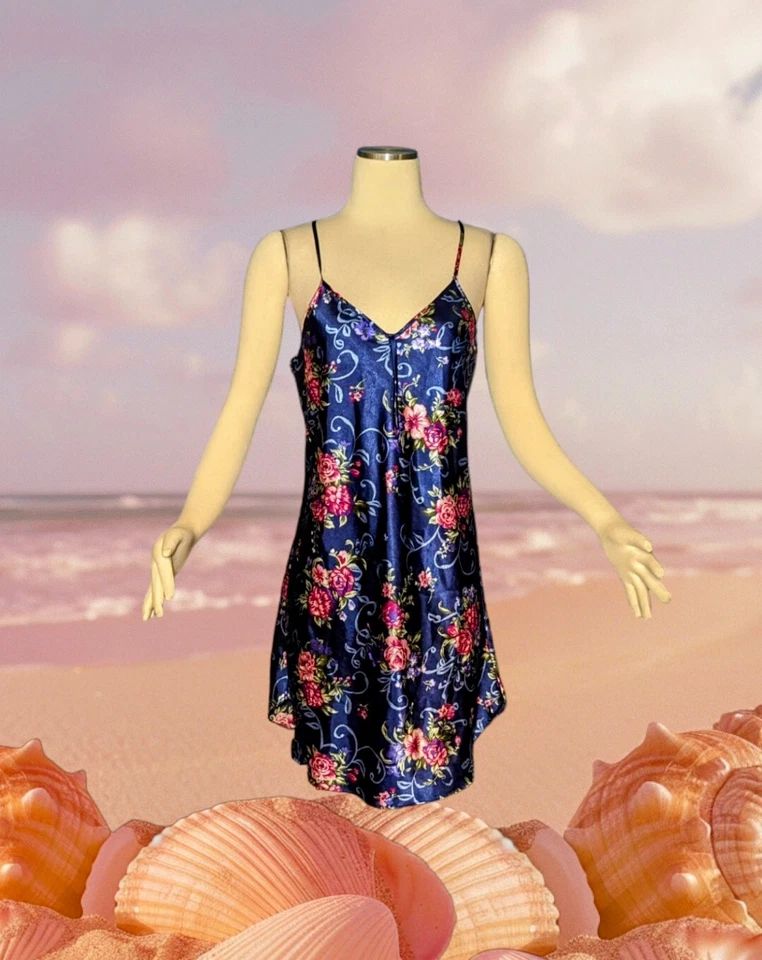 Camisola SECRET TREASURES cetim 2 peças azul marinho rosa floral MED - Imagem 3 de 4