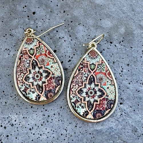 Wooden And Metal Bohemian Teardrop Earrings Natural Floral Patchwork BOHO - Picture 9 of 12
