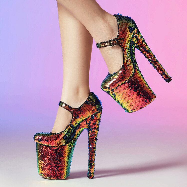 Mujeres Brillo Lentejuelas Correa al Tobillo Plataforma Tacón Súper Alto Polo Zapatos de Baile KKO