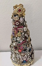 Jewelry Encrusted Christmas Tree Art OOAK Signed Vintage To Contemporary 13" 3D