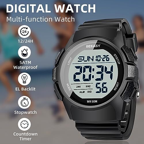 Men Digital Sports Watch,Waterproof Watch with Stopwatch Countdown Timer Black - Picture 4 of 7