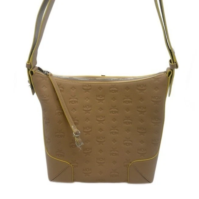 Auténtico Bolso de Hombro MCM Klara Monograma Cuero Repujado Hobo Beige Amarillo Foto 2 de 4