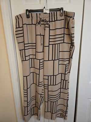 Rachel Zoe 2X Wide Leg Crop Pants Pull On Drawstring Tan Black Geo Print Flowy
