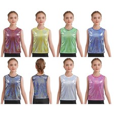 Girls Vest Dance Shirt Workout Tank Top Metallic Dancewear Cheerleading Shiny
