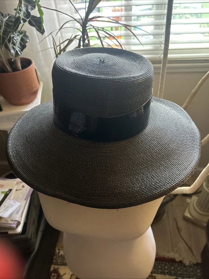 Vintage 1960s Frank Olive for Neiman Marcus Black Straw Brimmed Patented Leather - Image 3 of 4