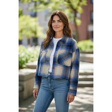 CI SONO Plaid Cropped Shacket Shirt Jacket Blue Tan Womens Size Med