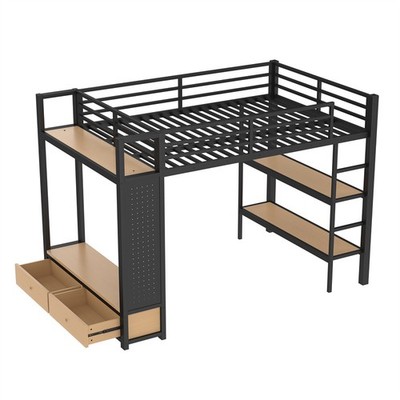 Full Size Loft Bed Frame w/Wardrobe,Metal Loft Bed with Storage Shelves Black