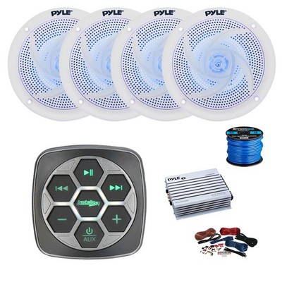 Metra Marine 3-Zone BT Controller, Amp w/Kit, 4X 6.5'' LED White Speakers,Wire