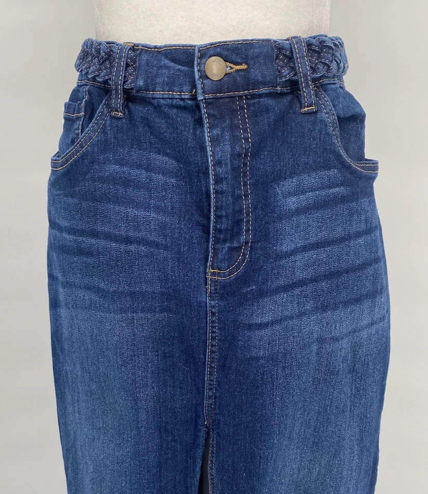 Venus Skirt Womens 14 Blue Denim Front Slit Braided Waist Stretch Bodycon Maxi - Image 2 of 4